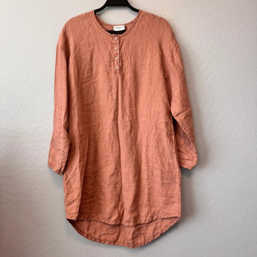 Parachute Medium Linen Henley Tunic Dress Terracotta Long Sleeve Curved Hem